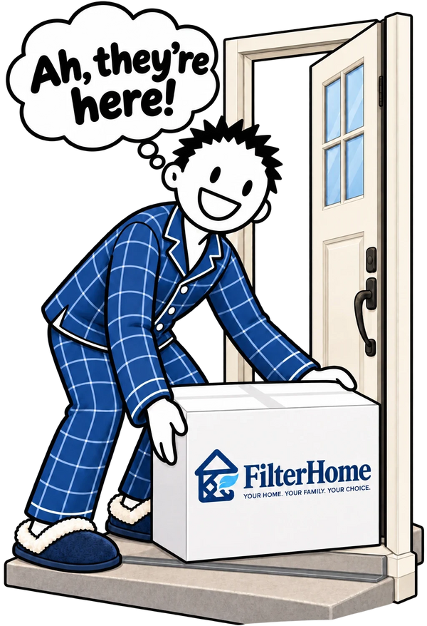 A smiling FilterHome customer in pajamas picking up a FilterHome box at the front door