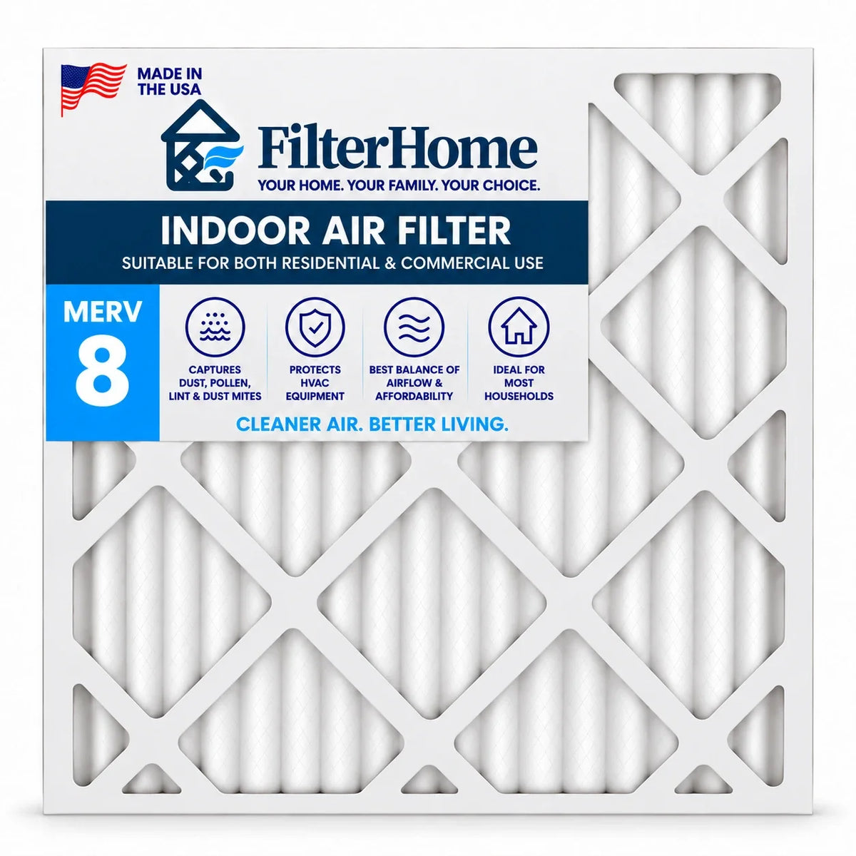 18x20x2 FilterHome MERV 8 pleated air filter for furnace and AC, made in the USA