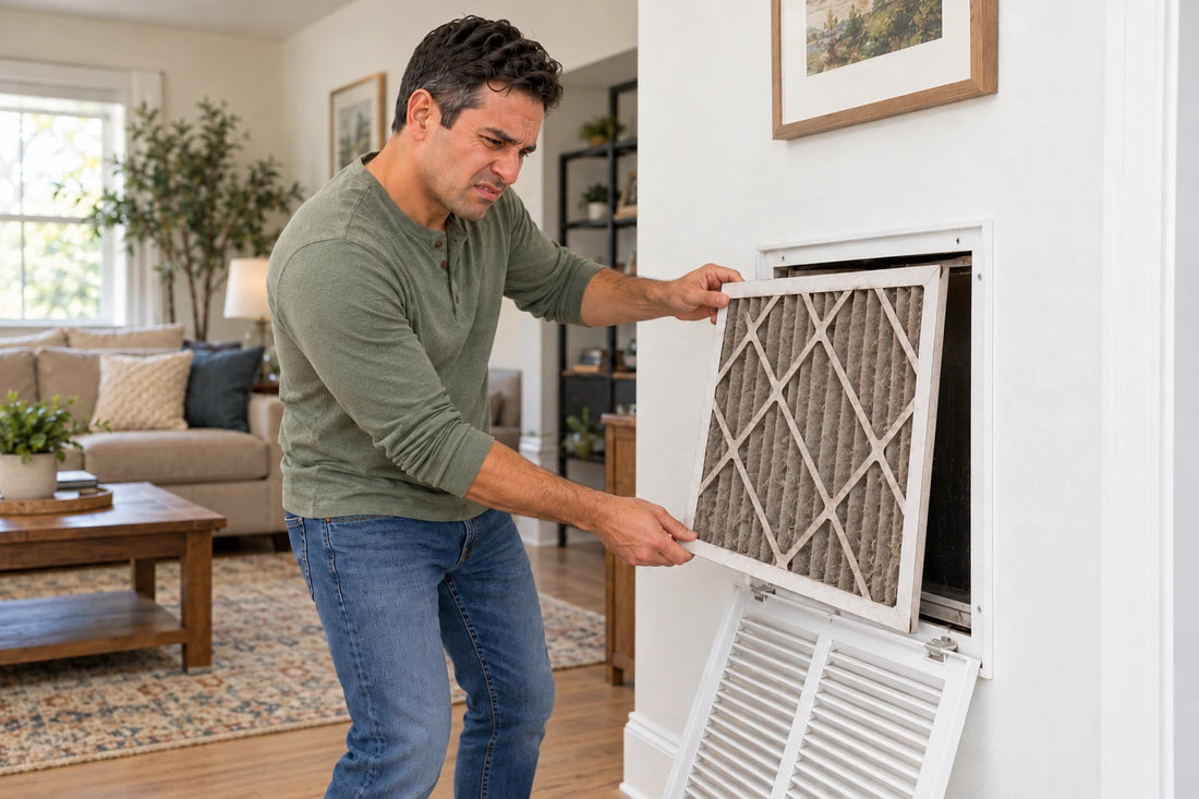 A man wincing as he pulls a dust-clogged air filter out of a wall vent at home