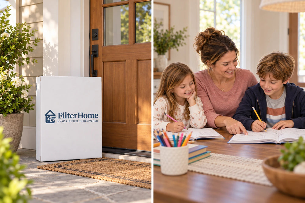 A FilterHome box at the front door, and a mom helping her two kids with homework at the kitchen table