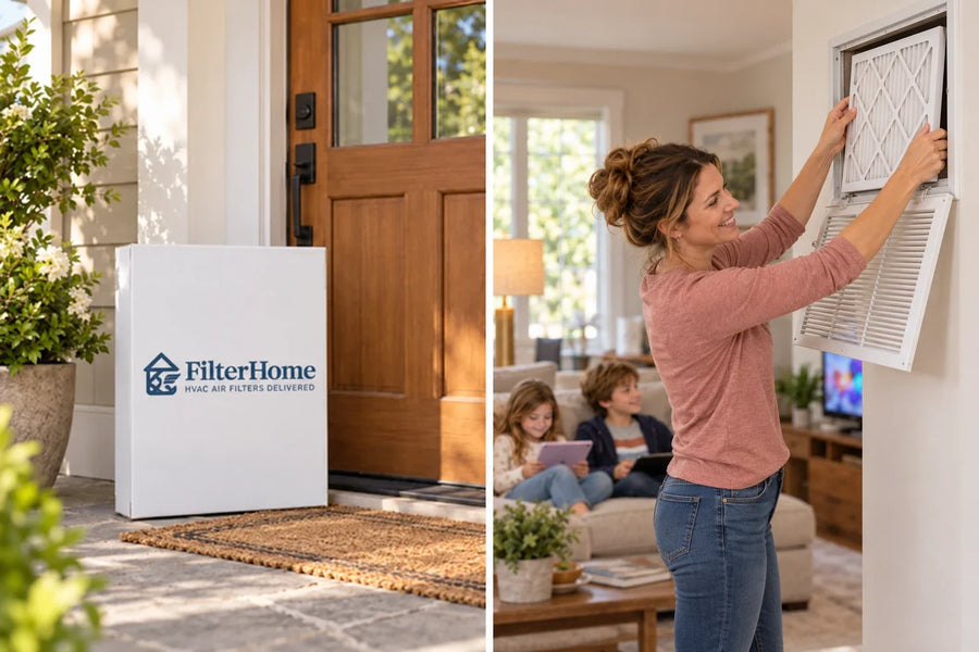 A FilterHome box at the front door, and a mom helping her two kids with homework at the kitchen table