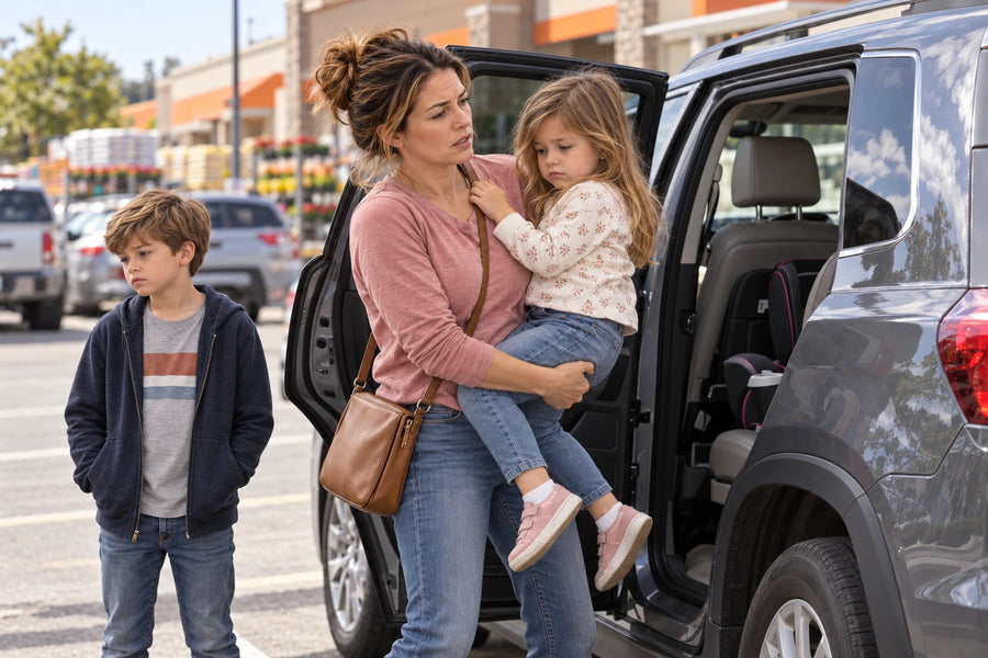 A mom juggling two kids in a store parking lot