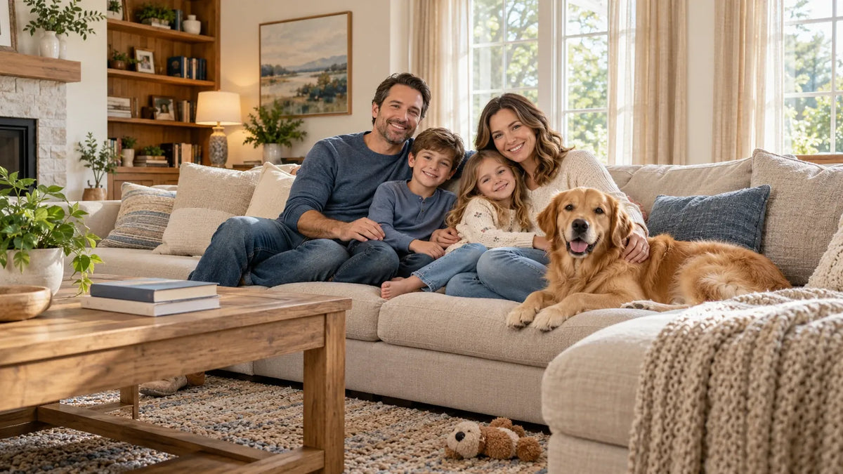 Family with two kids and their golden retriever relaxing on the living room couch